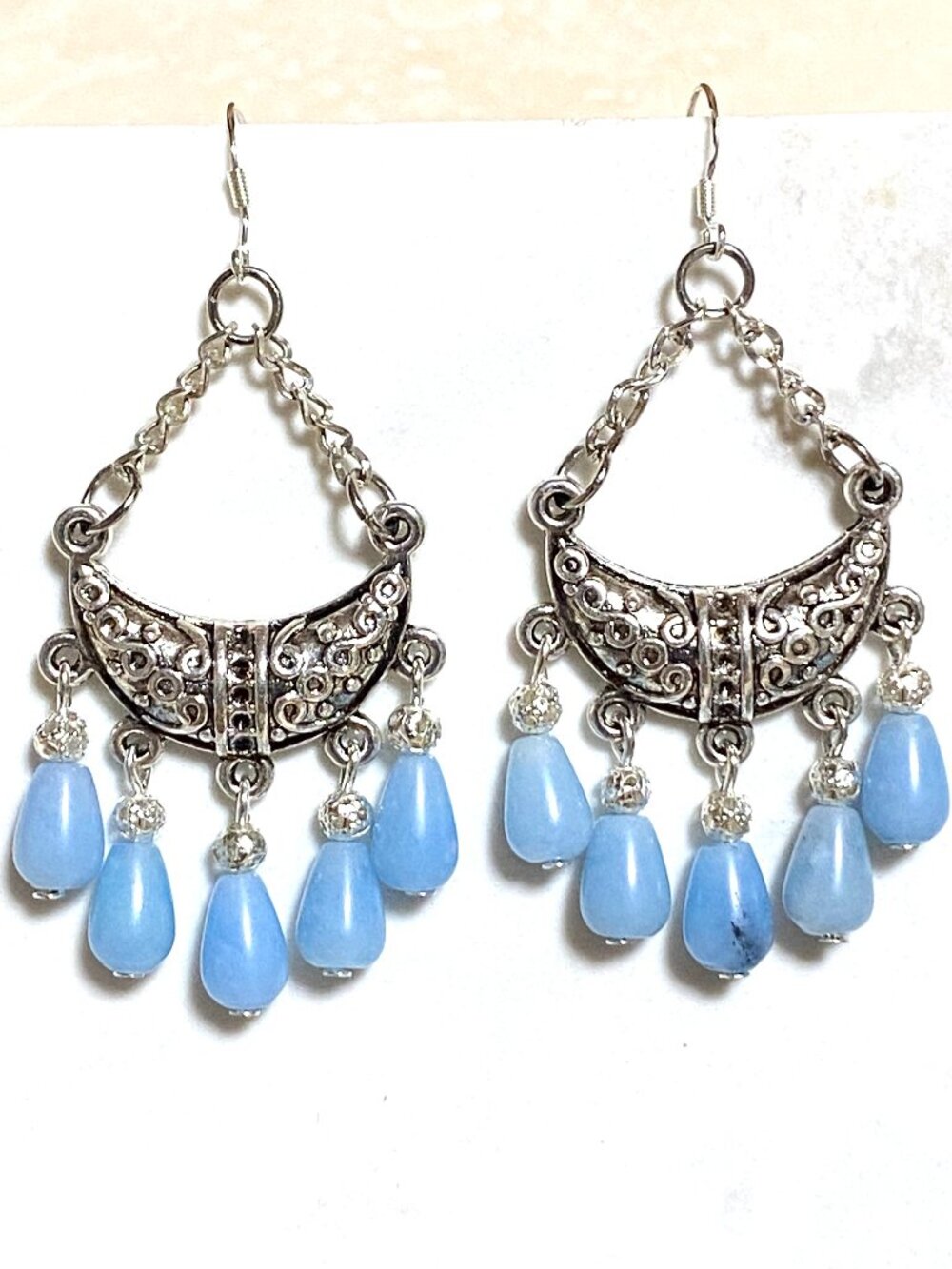 2/$20, Antique Victorian Style Chandelier Earrings, Blue Gemstone & 925 Hooks